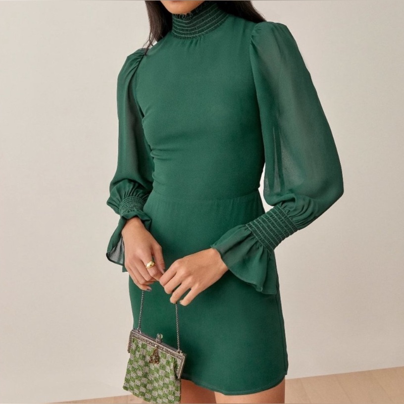 Reformation Archie Smocked Mock Neck Long Sleeve Dress In Emerald Size 4